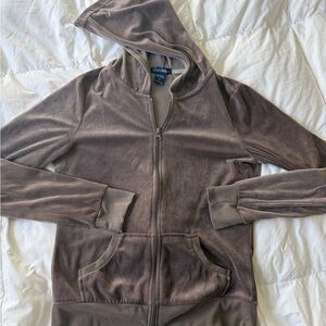 Y2K Velour ZipUp Hoodie Jacket, Taupe Brown, Vintage 2000s Aesthetic